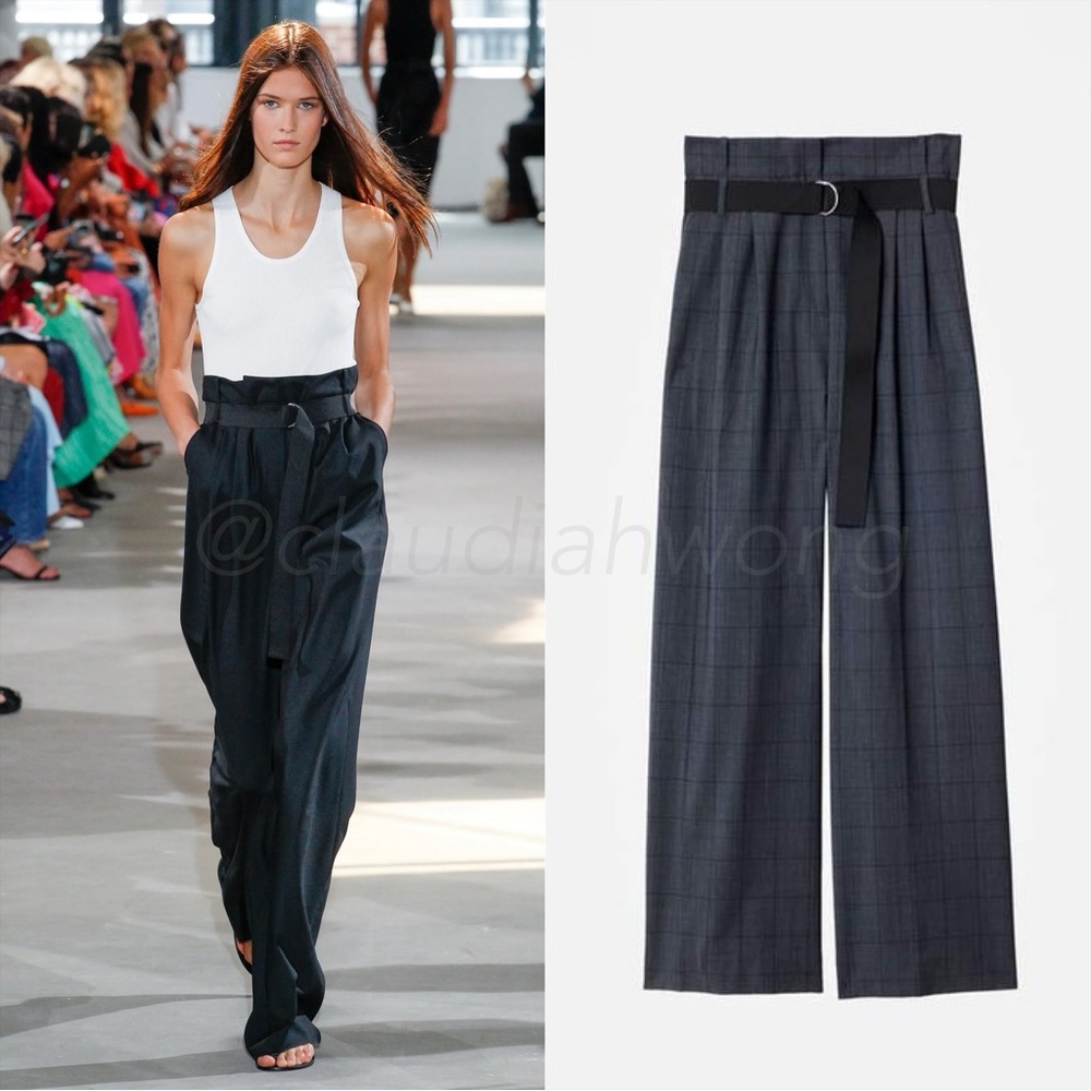 TIBI Stella Checked Wool Wide Leg Trouser Pants in Dark Grey